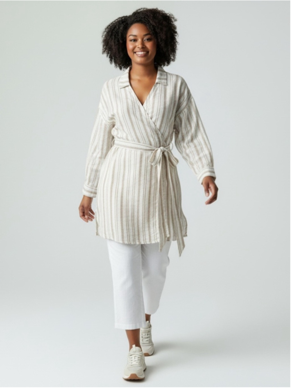 COS Cream & Tan Striped Gauzy Cotto Wrap Tunic Top